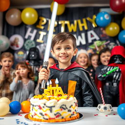 A joyful 5-year-old boy with brown eyes, celebrating his Star Wars-themed birthday party