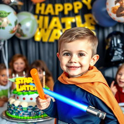 A joyful 5-year-old boy with brown eyes, celebrating his Star Wars-themed birthday party