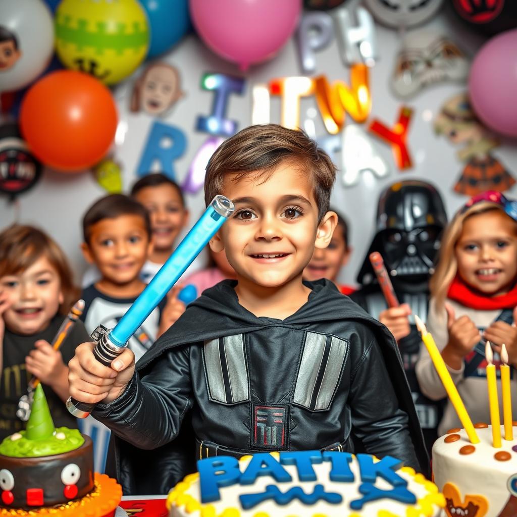 A joyful 5-year-old boy with brown eyes, celebrating his Star Wars-themed birthday party