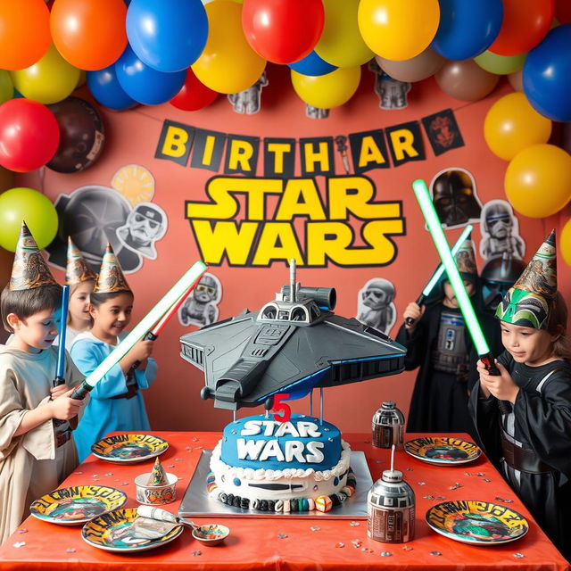 A vibrant and festive scene depicting a 5-year-old's Star Wars-themed birthday party