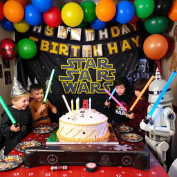 A vibrant and festive scene depicting a 5-year-old's Star Wars-themed birthday party