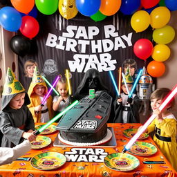 A vibrant and festive scene depicting a 5-year-old's Star Wars-themed birthday party