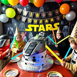 A vibrant and festive scene depicting a 5-year-old's Star Wars-themed birthday party