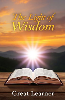 A captivating book cover design for 'The Light of Wisdom' by Great Learner, featuring a radiant light emanating from an open book on a wooden table