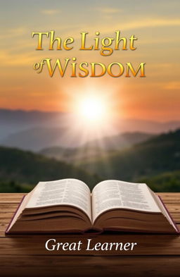 A captivating book cover design for 'The Light of Wisdom' by Great Learner, featuring a radiant light emanating from an open book on a wooden table