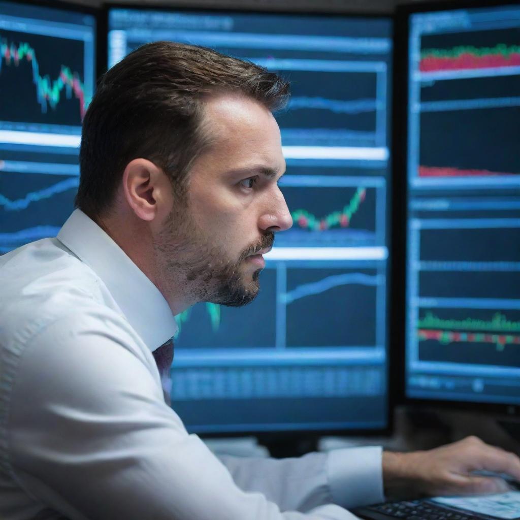 A focused trader sitting in front of multiple computer screens displaying various stock market charts and financial data