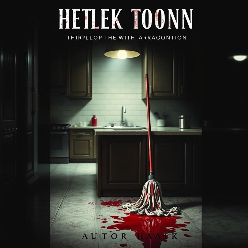 A thriller book cover featuring a bloody mop leaning against a polished kitchen counter