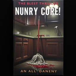 A thriller book cover featuring a bloody mop leaning against a polished kitchen counter