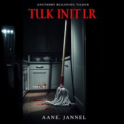 A thriller book cover featuring a bloody mop leaning against a polished kitchen counter