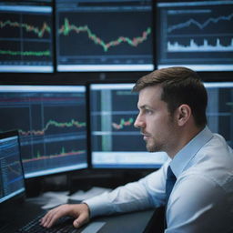 A focused trader sitting in front of multiple computer screens displaying various stock market charts and financial data