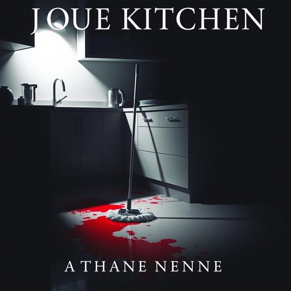 A thriller book cover showcasing a kitchen with blood on the floor and a mop leaning against a sleek kitchen counter