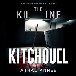 A thriller book cover showcasing a kitchen with blood on the floor and a mop leaning against a sleek kitchen counter