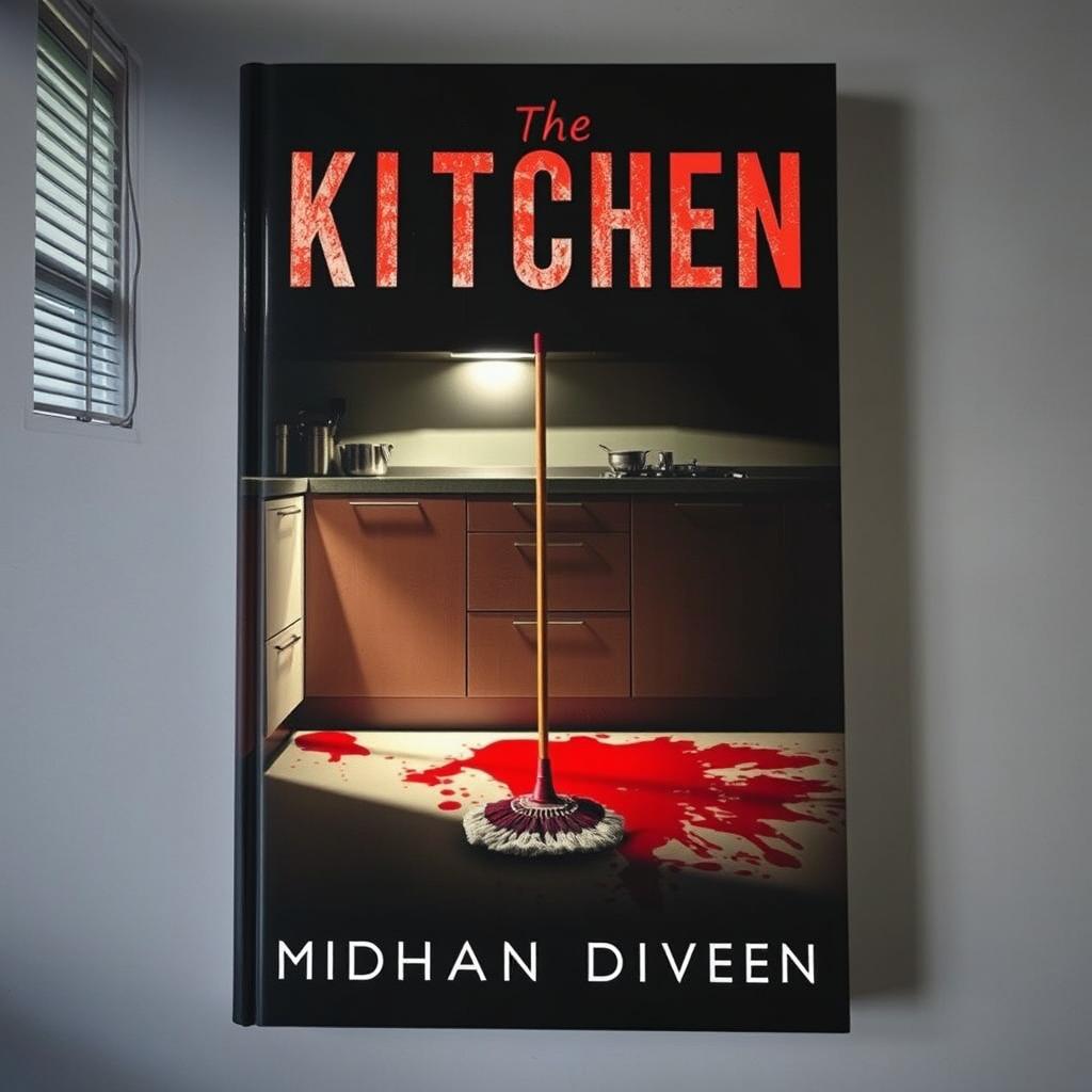 A thriller book cover showcasing a kitchen with blood on the floor and a mop leaning against a sleek kitchen counter