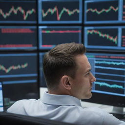 A focused trader sitting in front of multiple computer screens displaying various stock market charts and financial data