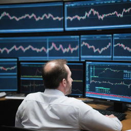 A focused trader sitting in front of multiple computer screens displaying various stock market charts and financial data