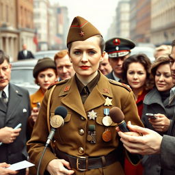 A historical scene depicting the legendary Soviet sniper Lyudmila Pavlichenko during her 1942 press tour in the United States