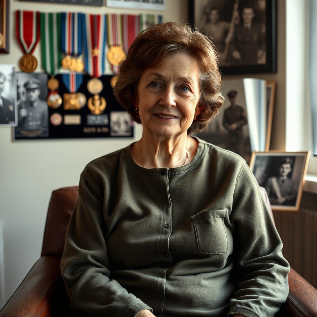 A portrait of Lyudmila Pavlichenko in her later years, seated gracefully in a peaceful setting in Kiev