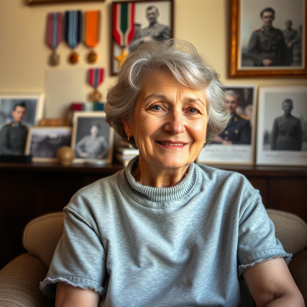 A portrait of Lyudmila Pavlichenko in her later years, seated gracefully in a peaceful setting in Kiev