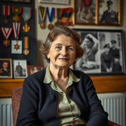 A portrait of Lyudmila Pavlichenko in her later years, seated gracefully in a peaceful setting in Kiev