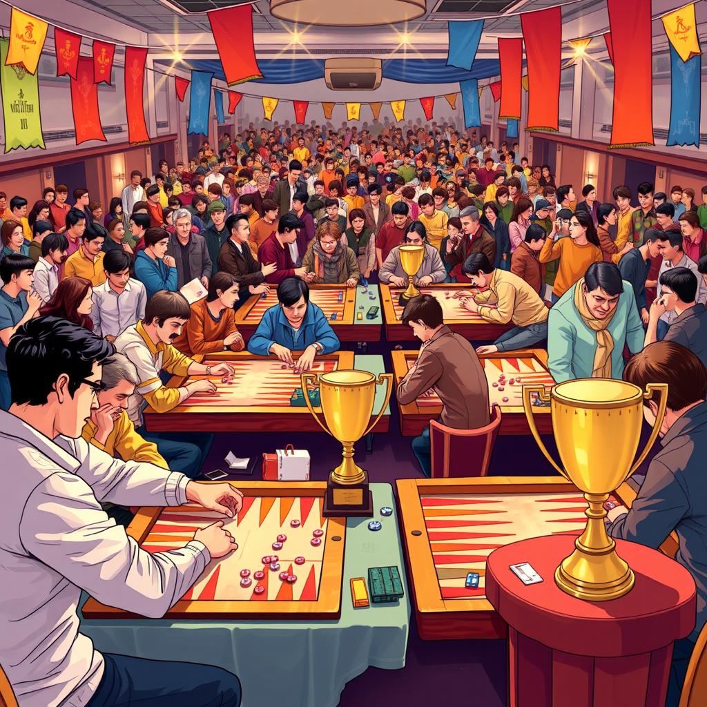 A vibrant illustration of a backgammon tournament in a lively hall, with several tables each featuring players engaged in intense matches