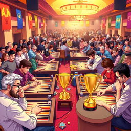 A vibrant illustration of a backgammon tournament in a lively hall, with several tables each featuring players engaged in intense matches