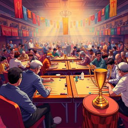 A vibrant illustration of a backgammon tournament in a lively hall, with several tables each featuring players engaged in intense matches