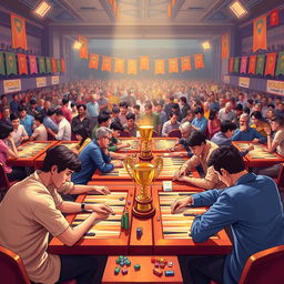 A vibrant illustration of a backgammon tournament in a lively hall, with several tables each featuring players engaged in intense matches