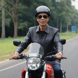 A high-quality image of Jokowi, the President of Indonesia, riding a motorcycle. He's wearing a helmet and sunglasses for safety, looking confident and at ease on the road.