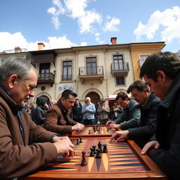 A lively backgammon tournament taking place outdoors, with players engrossed in the game