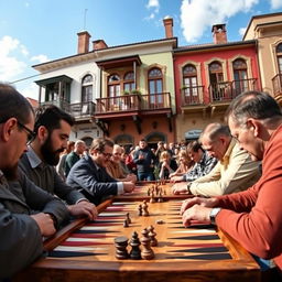 A lively backgammon tournament taking place outdoors, with players engrossed in the game