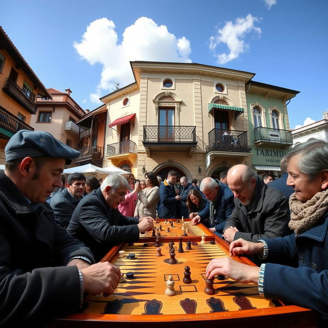 A lively backgammon tournament taking place outdoors, with players engrossed in the game