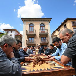 A lively backgammon tournament taking place outdoors, with players engrossed in the game