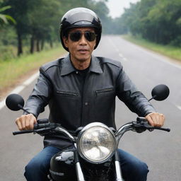 A high-quality image of Jokowi, the President of Indonesia, riding a motorcycle. He's wearing a helmet and sunglasses for safety, looking confident and at ease on the road.