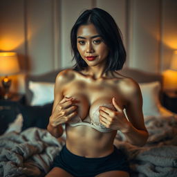 A sophisticated and tasteful artistic representation of a 30-year-old Asian woman delicately removing her bra, set against a softly lit backdrop of a chic bedroom