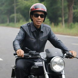 A high-quality image of Jokowi, the President of Indonesia, riding a motorcycle. He's wearing a helmet and sunglasses for safety, looking confident and at ease on the road.