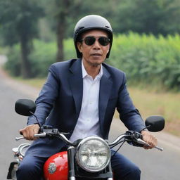 A high-quality image of Jokowi, the President of Indonesia, riding a motorcycle. He's wearing a helmet and sunglasses for safety, looking confident and at ease on the road.