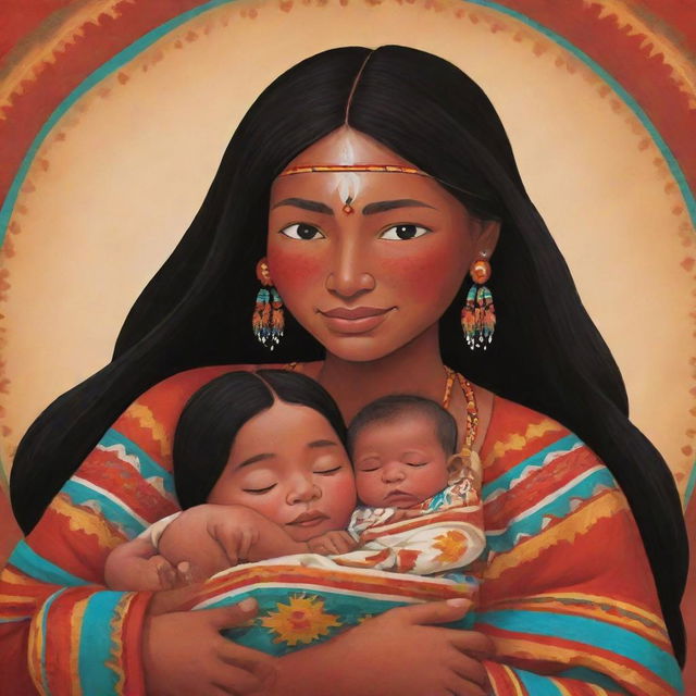 A vibrant cartoon depiction of an indigenous couple cradling a newborn baby, adorned in their traditional clothing. The scene is filled with love, warmth, and the rich cultural heritage they share.