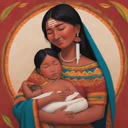 A vibrant cartoon depiction of an indigenous couple cradling a newborn baby, adorned in their traditional clothing. The scene is filled with love, warmth, and the rich cultural heritage they share.