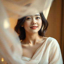 An artistic and elegant portrayal of a 30-year-old Asian woman, showcasing her natural beauty and confidence