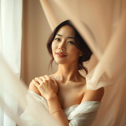 An artistic and elegant portrayal of a 30-year-old Asian woman, showcasing her natural beauty and confidence