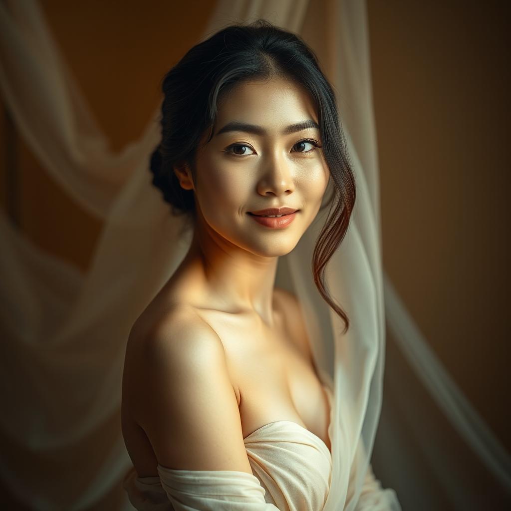 An artistic and elegant portrayal of a 30-year-old Asian woman, showcasing her natural beauty and confidence