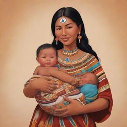 A vibrant cartoon depiction of an indigenous couple cradling a newborn baby, adorned in their traditional clothing. The scene is filled with love, warmth, and the rich cultural heritage they share.