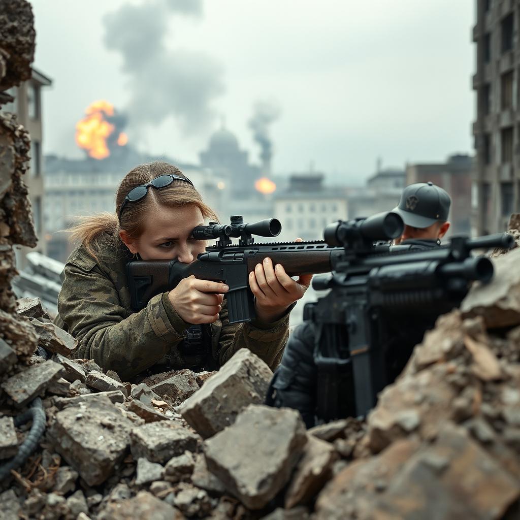 Lyudmila Pavlichenko, dressed in military camo attire, is engaged in a tense sniper duel with a German sniper in a war-torn cityscape