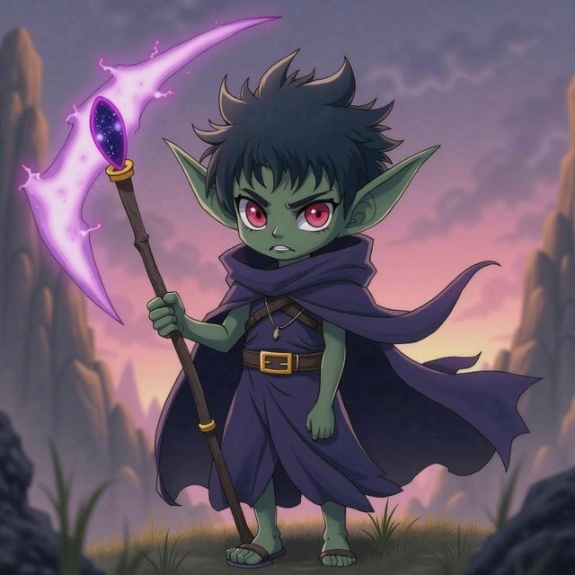 An anime-style illustration inspired by One Piece, featuring a small dark green-skinned goblin