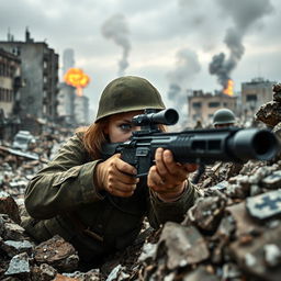 Lyudmila Pavlichenko, dressed in military camo attire, is engaged in a tense sniper duel with a German sniper in a war-torn cityscape