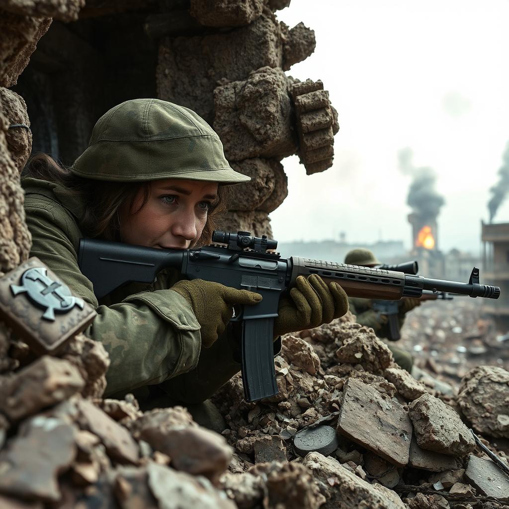 Lyudmila Pavlichenko, dressed in military camo attire, is engaged in a tense sniper duel with a German sniper in a war-torn cityscape