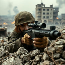 Lyudmila Pavlichenko, dressed in military camo attire, is engaged in a tense sniper duel with a German sniper in a war-torn cityscape