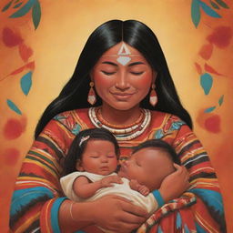 A vibrant cartoon depiction of an indigenous couple cradling a newborn baby, adorned in their traditional clothing. The scene is filled with love, warmth, and the rich cultural heritage they share.