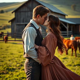 A romantic scene featuring a dark auburn haired woman wearing a traditional pioneer long-sleeved dress, her dress flowing gracefully