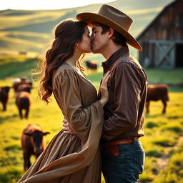 A romantic scene featuring a dark auburn haired woman wearing a traditional pioneer long-sleeved dress, her dress flowing gracefully